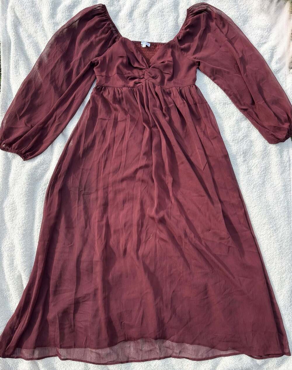 Baltic Born Dione Midi Dress Large L Mahogany Burgundy Long Sleeve Smocked Waist